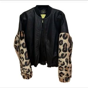 HEURUEH Jacket NEW WITH TAGS leopard faux fur & vegan leather bomber jacket